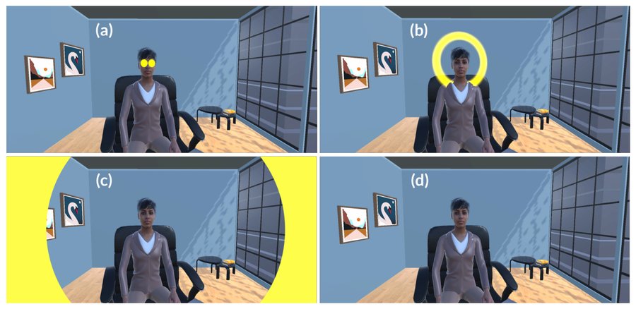 Four screenshots of a virtual job interview: a seated virtual interviewer whose gaze is augmented with (a) highlighted eyes, (b) a glowing ring around the head, (c) a bright spotlight that dims everything except the interviewer, and (d) no augmentation.