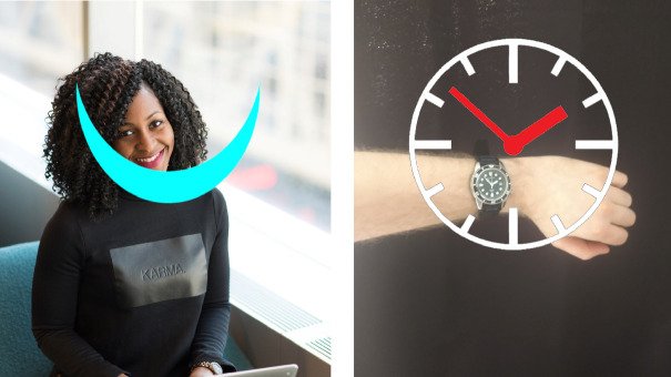Two example augmentations for people with low vision: a large cyan smile symbol overlaid on the face of a smiling conversation partner, and a simplified high-contrast analog clock face overlaid on a wristwatch.