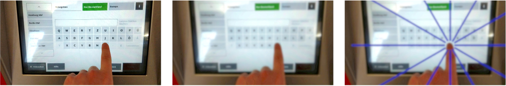 Three views of a hand using the touchscreen of a ticket machine: the screen as seen with normal vision, the same screen blurred as perceived with low vision, and the blurred screen overlaid with radial blue guidance lines converging on the fingertip to point out the on-screen buttons.